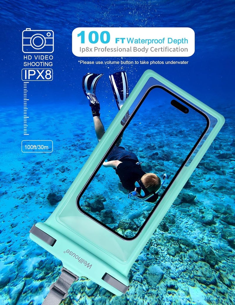 Wellhouse Waterproof Phone Pouch, Waterproof Phone Case for iPhone 16 15 14 13 12 Pro Max XS Samsung, IPX8 3D Cellphone Dry Bag Beach Essentials (1 Pack - Crystal Green8.0, 8 inch) - Image 2